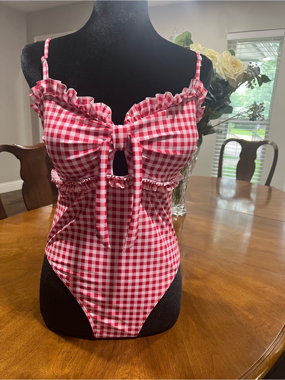 SHEIN Red White Gingham Ruffle One-Piece Swimsuit